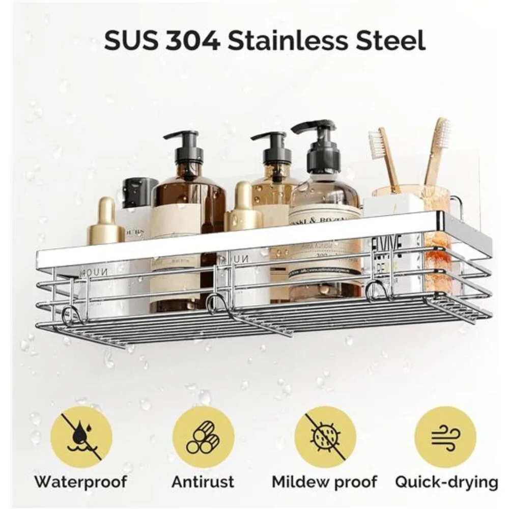 Adhesive Shower Caddy Soap Dish Holder Shelf with 5 Hooks Bathroom